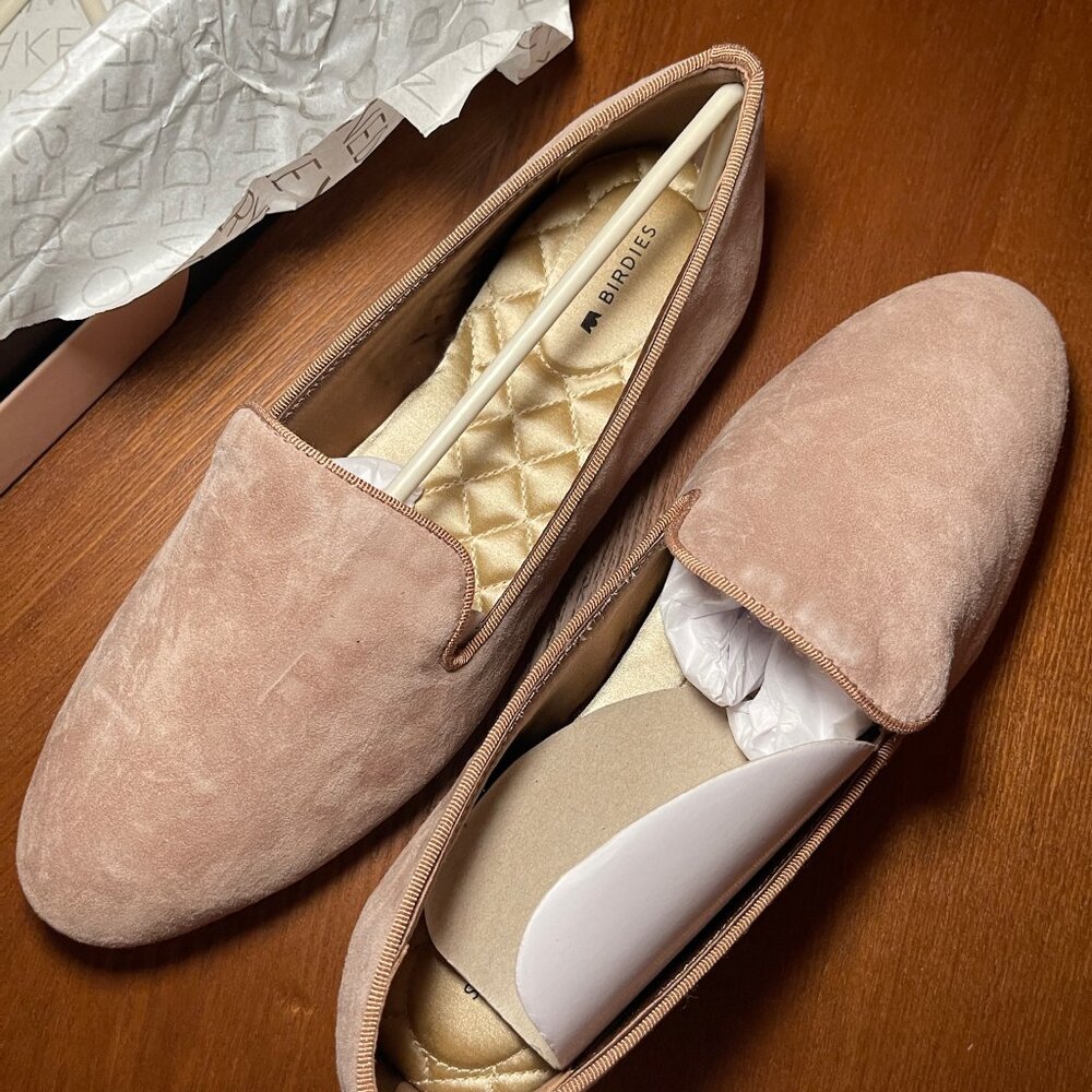 Birdies Flats, The Starling 9.5 Latte Tan Suede Loafer Flat Slip On. NWT in Box